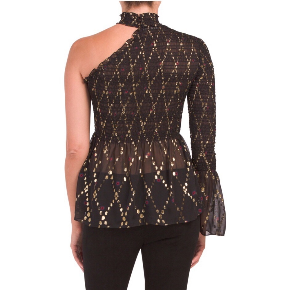 A.L.C. One shoulder one sleeve silk metallic gold thread mock neck top sz.0 - Picture 5 of 15